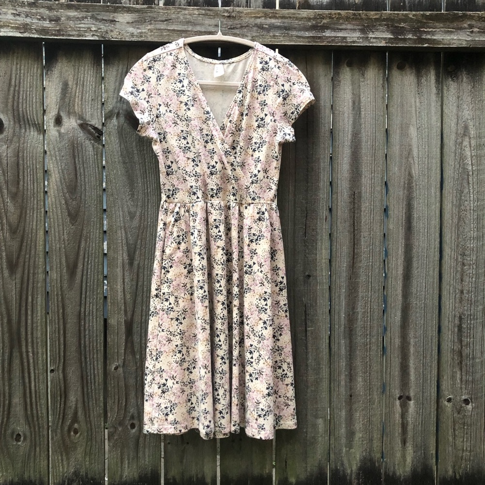 Pact Fit & Flare Crossover Dress Pink Black Floral Size S Organic Cotton